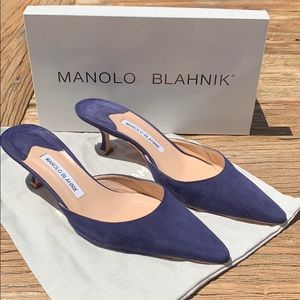 Manolo Blahnik Suede Kitten Heel Mules